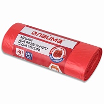 Мешки для мусора 60 л, красный, в рулоне 20 шт., ПНД, 10 мкм, 680х580 мм, LAIMA, 606702 в зеленограде